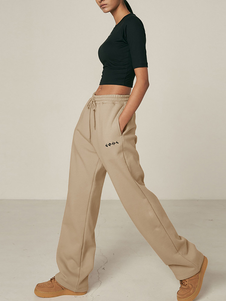 运动长裤女春秋重磅纯棉加绒印花宽松直筒裤健身跑步卫裤