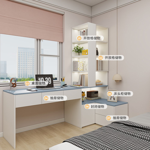 儿童房公主风转角书架书桌一体家用卧室小户型电脑桌床头柜子定制 - 图1