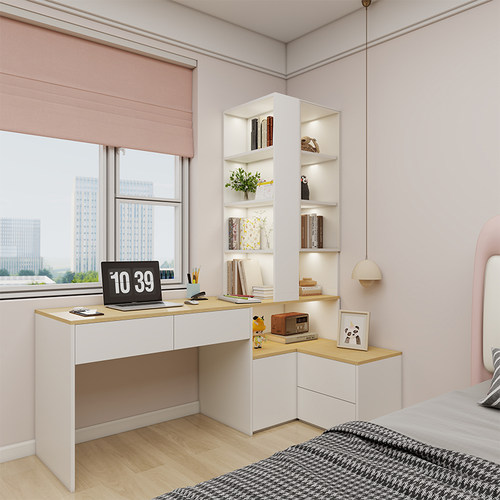 儿童房公主风转角书架书桌一体家用卧室小户型电脑桌床头柜子定制 - 图0