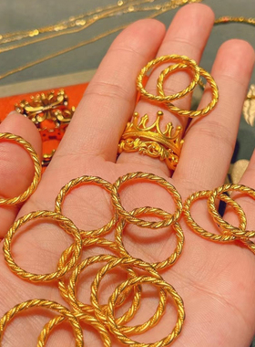 古法金黄金麻花戒指女款999足金实心素圈扭绳指环时尚纯金小金圈