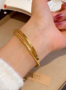 沙金手镯女款竹节双圏手环仿真金色镀金镯子节节高升手环感