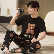 Mens pajamas summer cotton short sleeves long pants spring and autumn teen fattening plus thin cotton home wear set