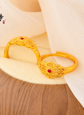 古法越南沙金花丝红珐琅如意戒指女复古宫廷风食指戒指不掉色小众