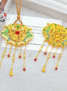 金店同款古法沙金珐琅彩镶钻天子门生龙凤锁包吊坠新中式流苏锁包