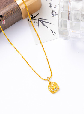 越南沙金不掉色镶钻方形复古小方糖吊坠轻奢个性风潮项链挂件女