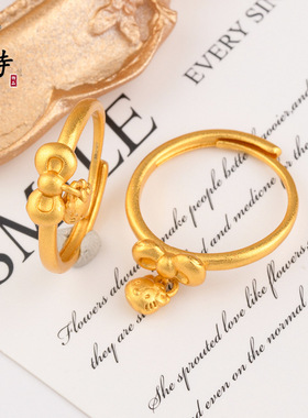 不掉色古法沙金精致kitty猫小吊坠戒指甜美可爱开口可调节戒指