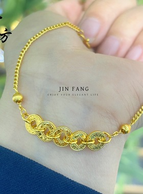 古法越南沙金碎碎冰金色五帝钱币项链锁骨链一体链新中式精致女