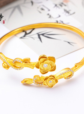 越南沙金不掉色镶钻轻奢花藤玫瑰花园开口手镯轻奢感时尚百搭女