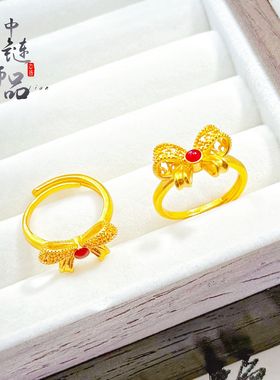 金店款古法越南沙金珐琅花丝蝴蝶结开口戒指在逃公主蝴蝶结戒指女