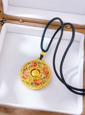 新款古法越南沙金珐琅彩财富双鱼吊坠国潮镂空花丝罗盘女百搭项链