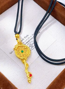 古法越南沙金镶嵌红绿点山鬼花钱吊坠项链毛衣链国潮风饰品不掉色