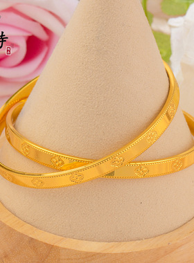 越南沙金新款光面间隔四叶草印花手镯沙金传承四叶草高亮手镯女