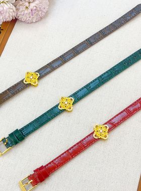 越南沙金镶钻四叶草八宝罗盘表盘真皮表带时尚气质手环不掉色百搭