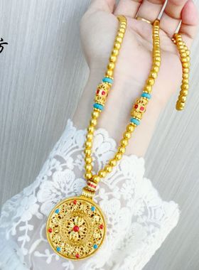 越南沙金福运吉祥八宝罗盘项链新中式珠毛衣链国潮风饰品女不掉色