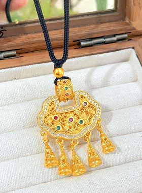 越南沙金镶钻镂空同心莲铃铛流苏锁包吊坠复古宫廷风项链毛衣链女