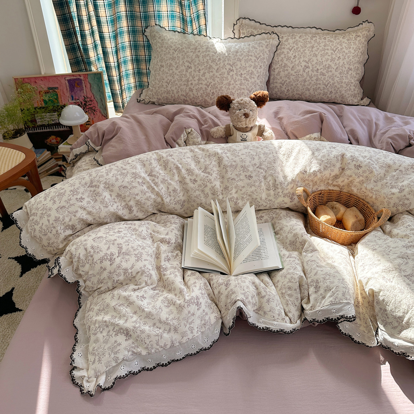 法式A类田园风花边床上四件套纯棉全棉床单人被套被罩宿舍三件套4