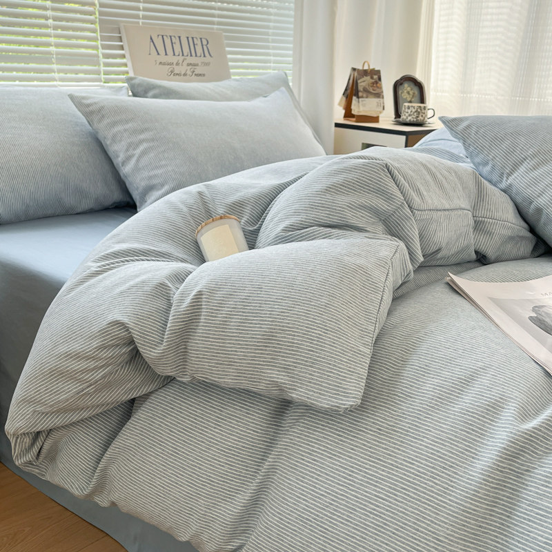 ins简约条纹床上四件套纯棉全棉2025新款床单被套学生宿舍三件套4