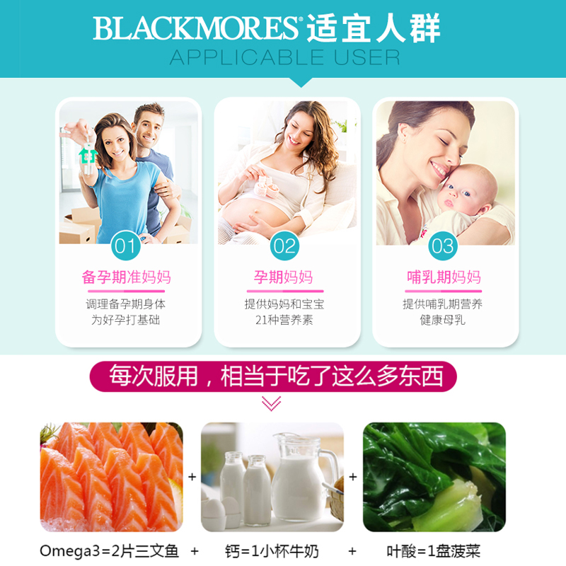 澳洲blackmores澳佳宝孕妇黄金素叶酸女士DHA孕妇专用备孕180粒 - 图1