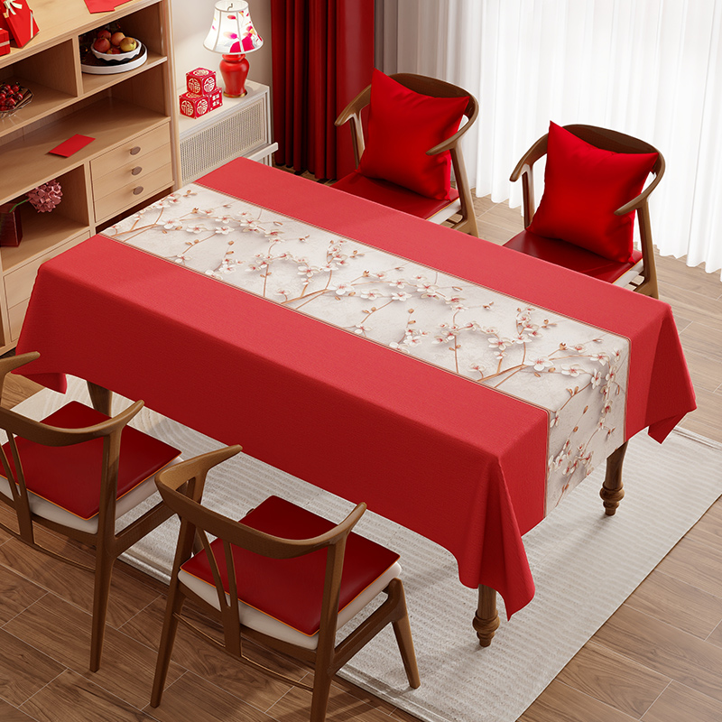 2024新款结婚桌布免洗防油防水过年长方形餐桌布置喜庆红色氛围感