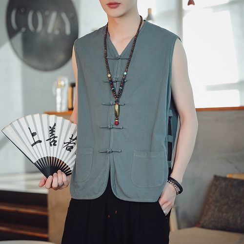 Летний тонкий жилет без рукавов, из хлопка и льна, для среднего возраста, китайский стиль