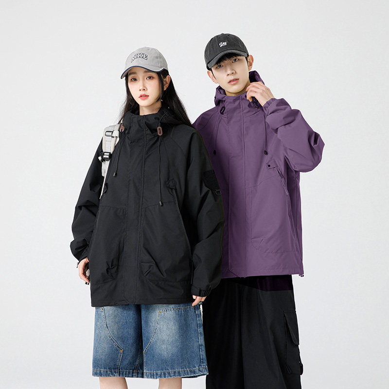 明星同款冲锋衣男女外套秋冬新款潮牌工装加绒连帽夹克多袋登山服