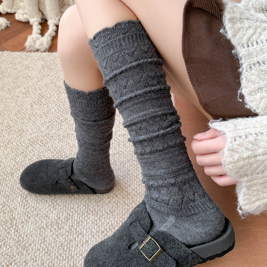 日系复古镂空羊毛小腿袜子女中筒堆堆袜秋冬保暖配靴子长筒袜靴袜