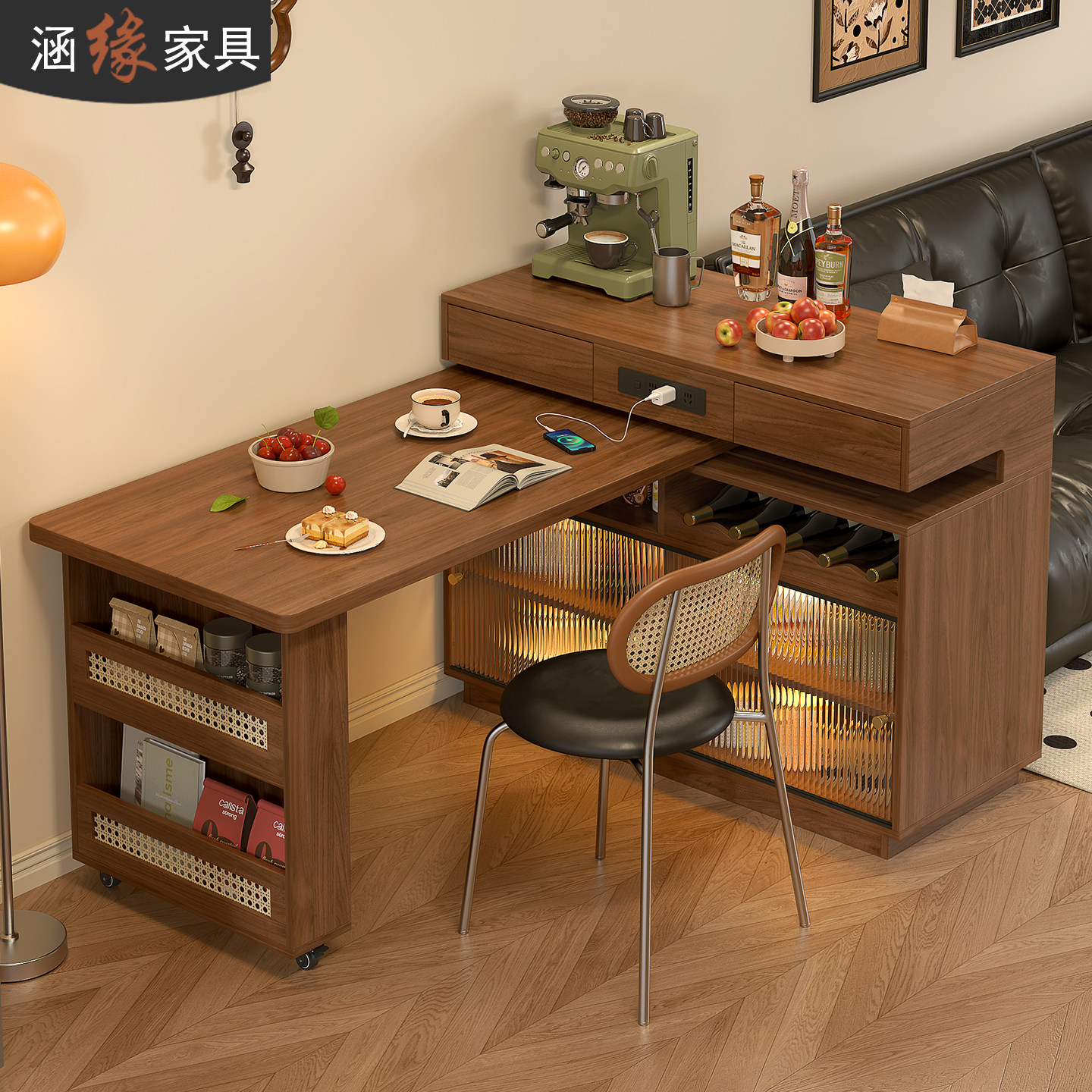 中古风旋转岛台餐桌一体厨房吧台桌可伸缩家用餐边柜餐桌一体E83,淘宝优惠券,粉丝福利购,淘宝优惠卷