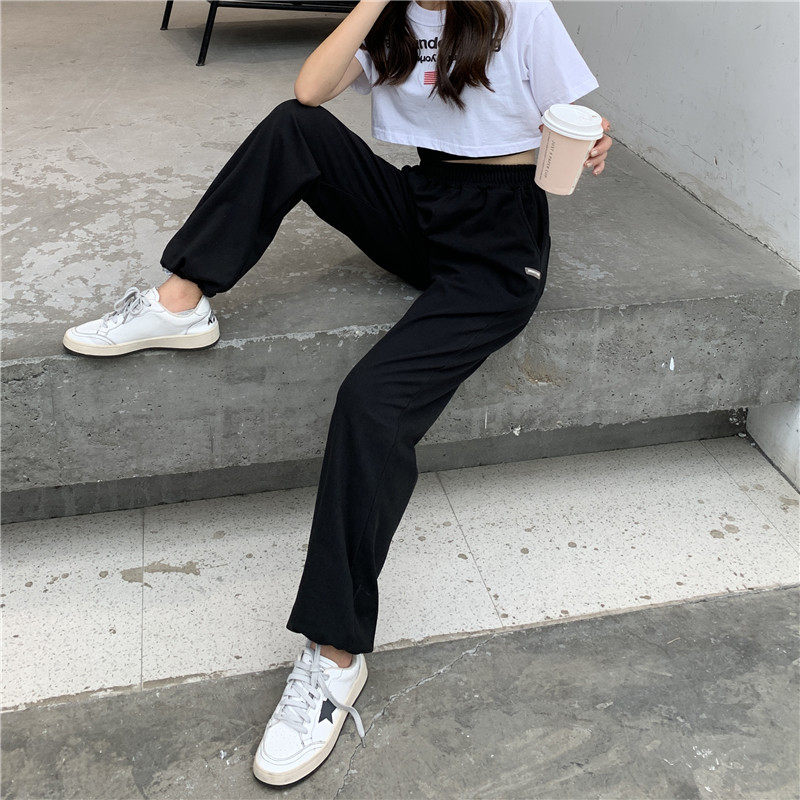 灰色宽松束脚秋冬季直筒高腰运动裤 夏瑀墨休闲裤