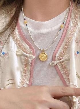 古法施家珍珠项链挂绳女黄金蜜蜡吊坠绳高级感锁骨链手工编织珠链