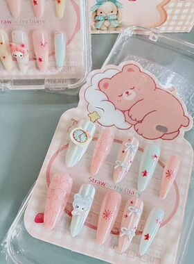爆款CHMY-206昭和草莓日记甜美可爱猫咪立体长款穿戴甲美甲饰品