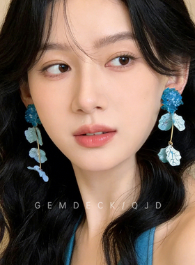 蓝色文艺感绣球花流苏耳环女