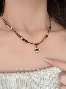 中古风天然虎眼石串珠项链