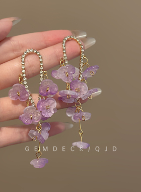 超仙甜美紫色花瓣流苏耳环