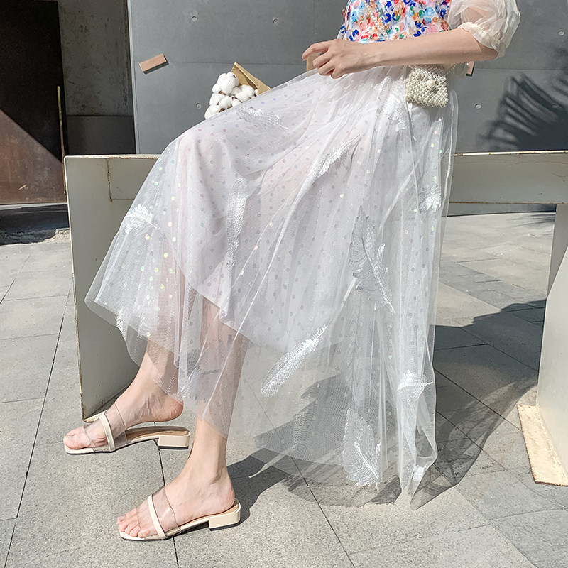 夏季羽毛刺绣重工网纱中长款半身裙 慈蒂半身裙