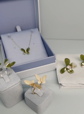 何家原厂925纯银金叶子珍珠项链轻奢高级感气质小蝴蝶戒指耳环