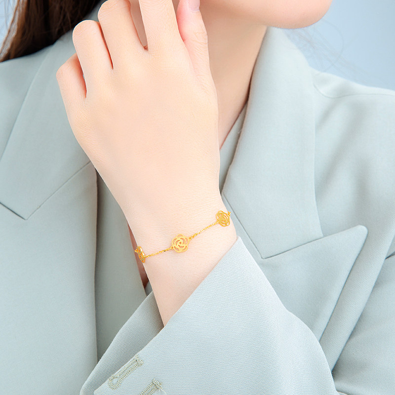 爱之恋珠宝玫瑰花黄金手链女 999足金山茶花延长链手饰送女友礼物