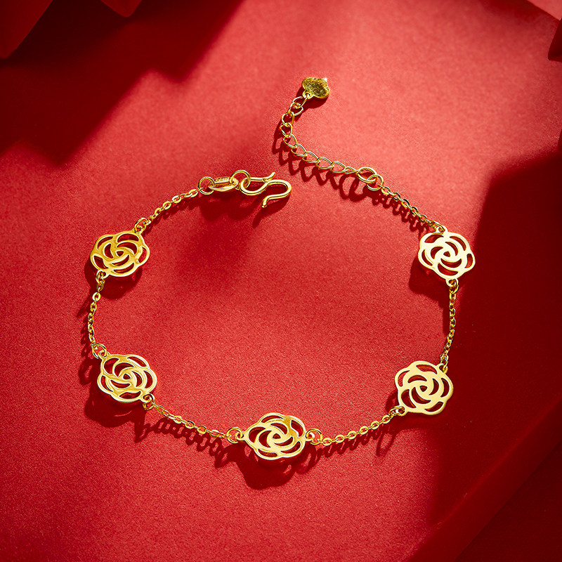 爱之恋珠宝玫瑰花黄金手链女 999足金山茶花延长链手饰送女友礼物