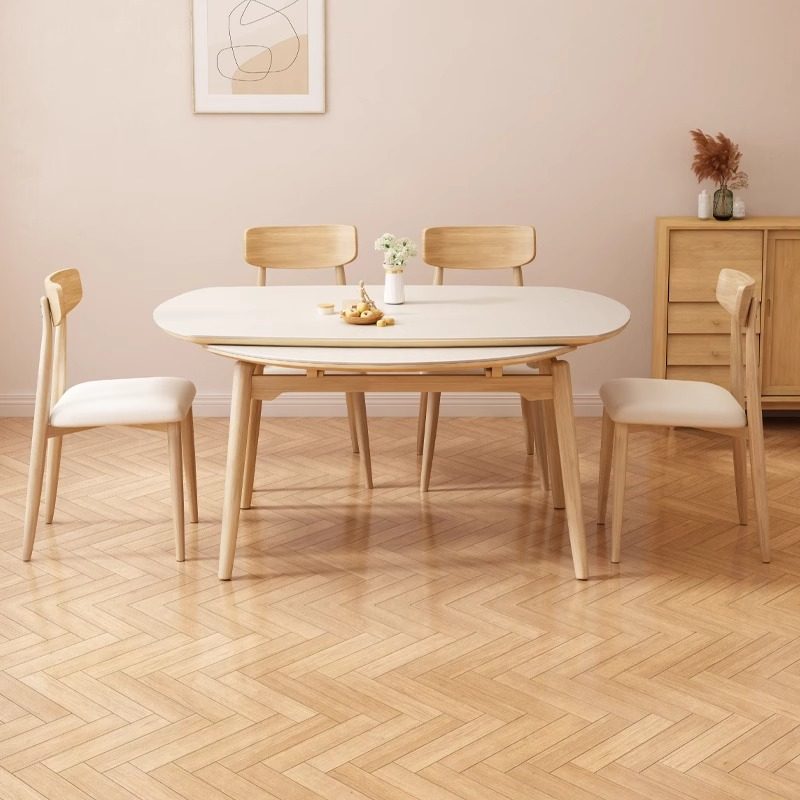 侘寂奶油风实木岩板可伸缩餐桌简约轻奢家用小户型方圆两用餐桌椅,淘宝优惠券,粉丝福利购,淘宝优惠卷