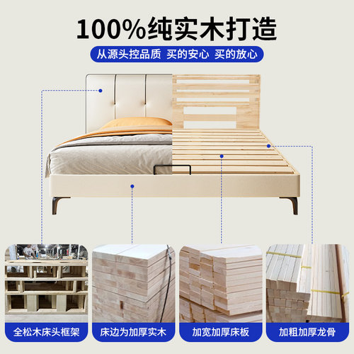 政府补贴纯实木薄床头卧室小户型双人床榫卯加厚加宽排骨架可定制 - 图2