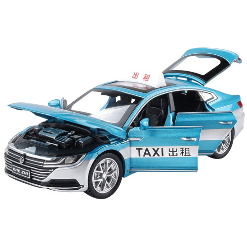 出租车仿真合金六开门儿童汽车模型的士绿色蓝色男孩玩具车 - 图0