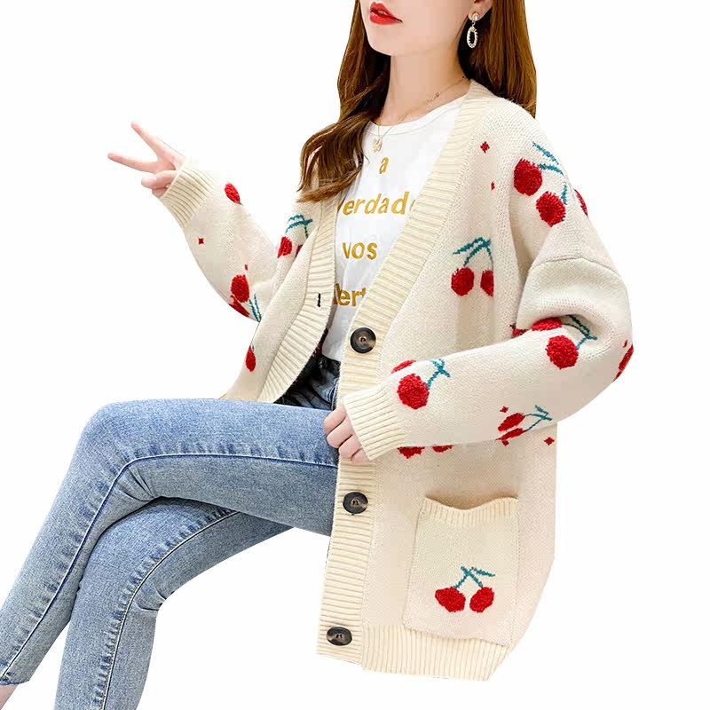 网红韩版小清新樱桃提花开衫风毛衣 欧姿色毛针织衫