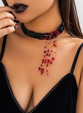 欧美哥特风串珠项圈红色血滴choker颈链假血仿水晶流苏万圣节饰品