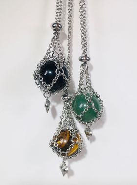 天然紫水晶白水晶粉水晶圆珠圆球吊坠爱心款可更换金属网兜项链