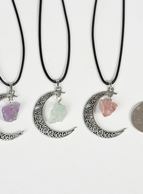 欧美跨境饰品亚马逊饰品天然水晶原石项链银色月亮女小众吊坠