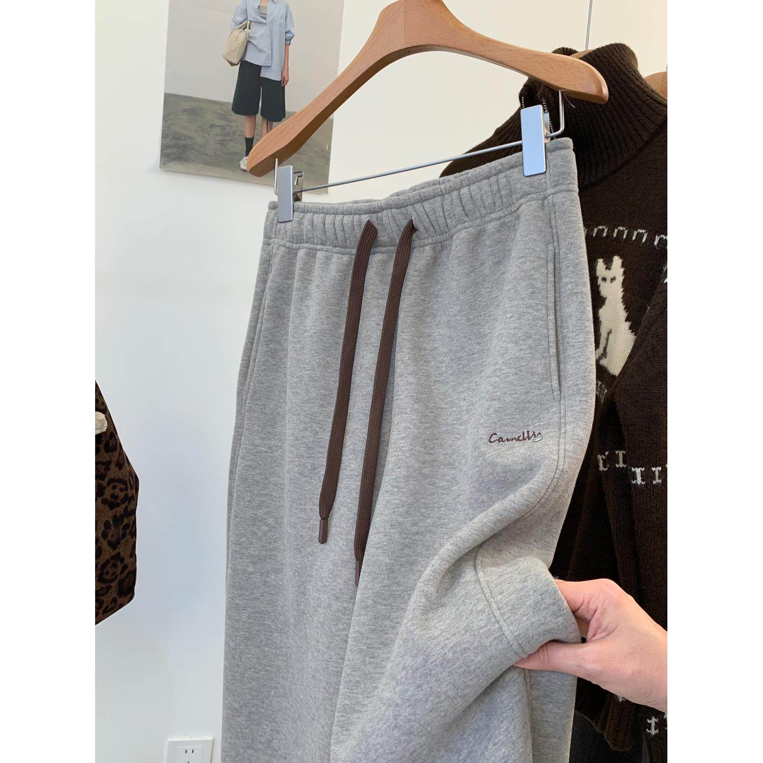 韩系刺绣拖地裤松紧腰高腰显瘦直筒运动裤女秋冬加绒加厚保暖卫裤,淘宝优惠券,粉丝福利购,淘宝优惠卷