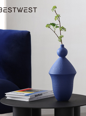 Best west 简约白色克莱因蓝陶瓷花瓶摆件家居样板间装饰品花器