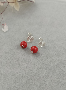 手工银耳饰朱砂红色耳坠