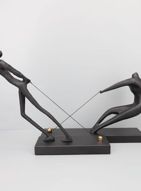 新中式黑色铸铁拉绳人摆件样板房售楼部卧室书房客厅桌面玄关饰品