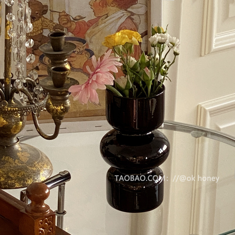 ins韩国风复古玻璃花瓶简约北欧黑色花瓶不规则设计轻奢居家装饰,淘宝优惠券,粉丝福利购,淘宝优惠卷