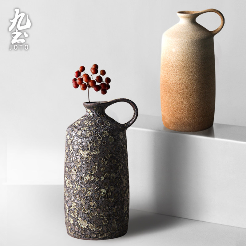 手工粗陶花瓶茶台日式花器陶瓷禅意古典餐桌摆件家居复古花插 九土陶瓷 淘优券